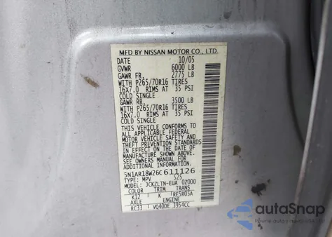 2006 Nissan Pathfinder Se из США, поврежденный, VIN 5N1AR18W26C611126